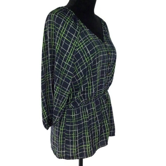 Banana Republic Blouse Navy & Green Bronze Button Workwear Popover Top Medium M - Picture 3 of 5